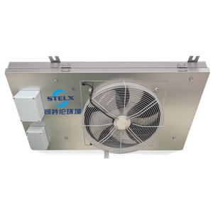 Extremely compact angled flat brine air coolers for small cold rooms with volumes from 10 to 50 m3.