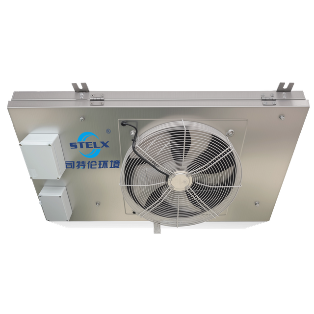 Extremely compact angled flat brine air coolers for small cold rooms with volumes from 10 to 50 m3.