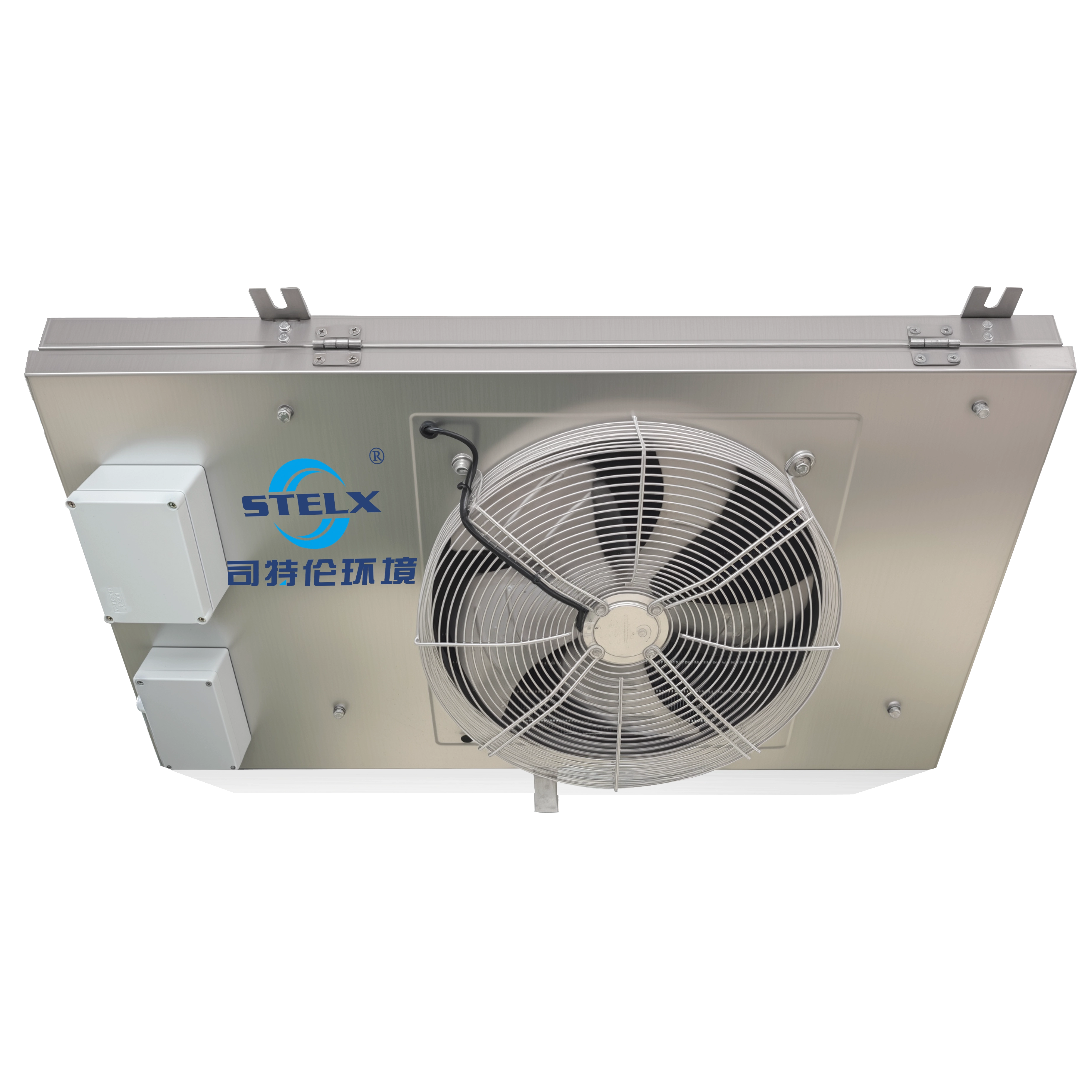 Extremely compact angled flat brine air coolers for small cold rooms with volumes from 10 to 50 m3.